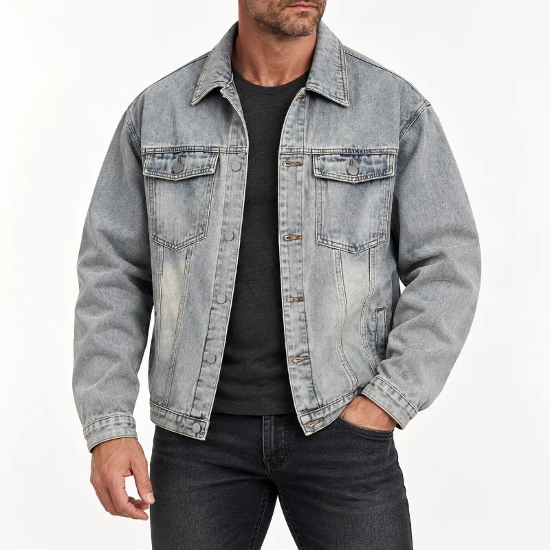 Men's Denim Trucker Jacket Oversized Fit Button Front Flap Chest Pockets Side Pockets Washed Blue 100% Cotton Long Sleeve