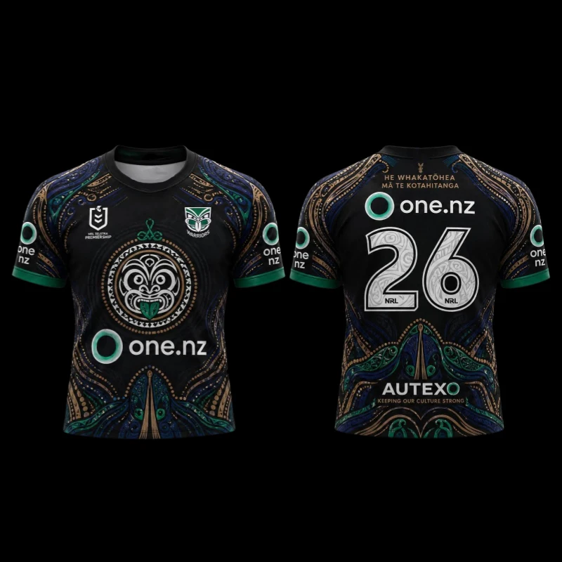 Familien-Partnerlook Warriors Maori Tribal Metallic-Print Rugby-Trikot, Oversized, Vollschwarz, mit Koru-Muster, Nummer 1 Mesh-T-Shirt – Detail 6