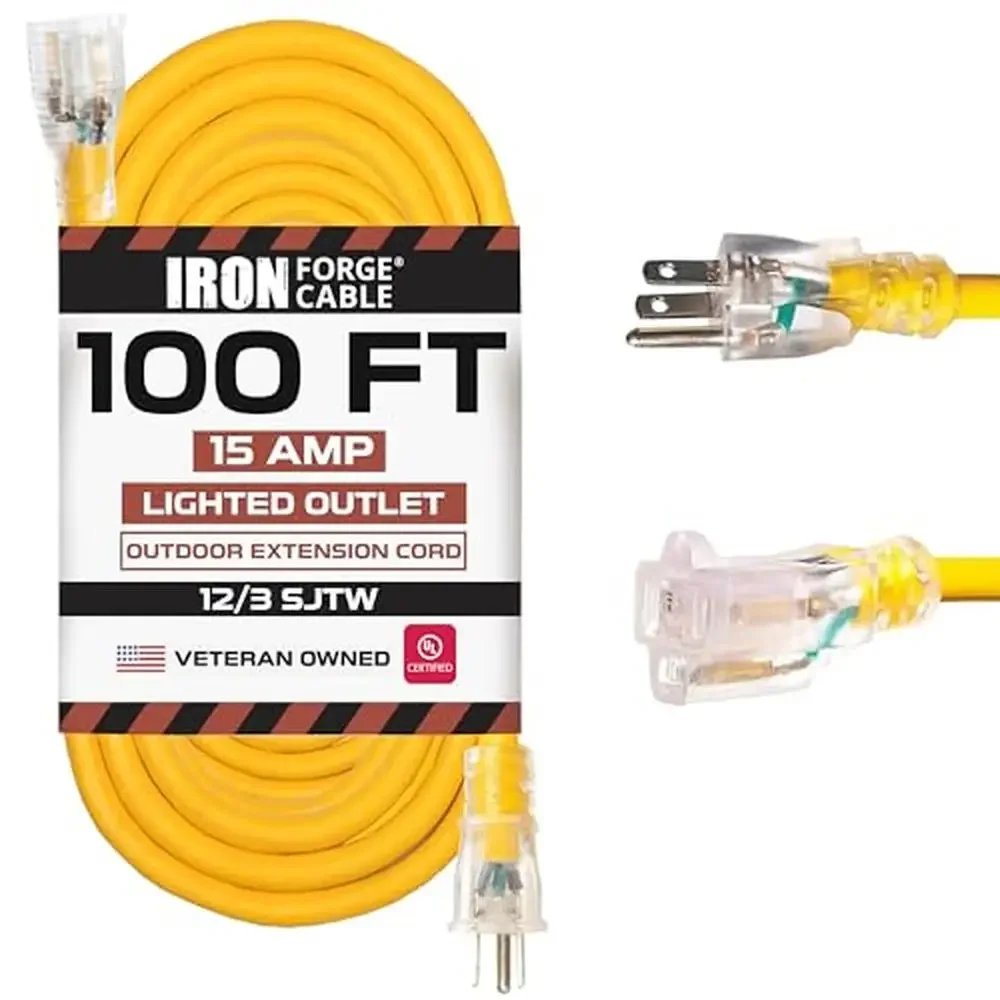 

100ft Heavy Duty Outdoor Extension Cord 12/3 SJTW Yellow 3 Prong Cable 15 AMP Ideal Garden Appliances Enhanced Visibility