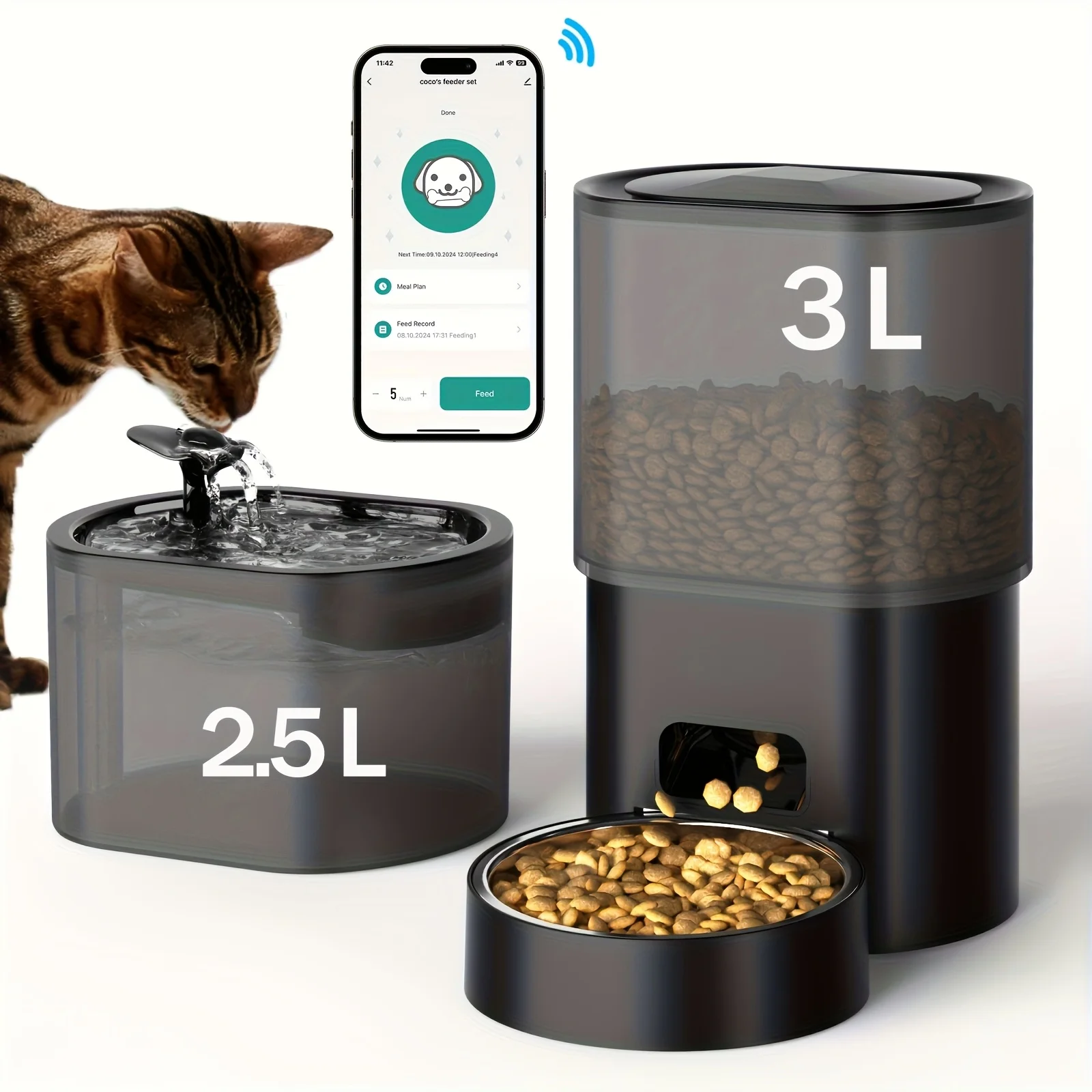 

101.44oz Large Capacity Wi-Fi Remote Automatic Cat Feeder & 84.54oz Wireless Automatic Dog Drinking Fountain Bowl with Filter -