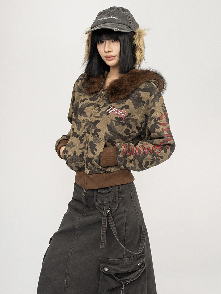 OCTTFLAB 아메리칸 레트로 카무플라주 숏 재킷 여성용 따뜻한 양면 플로킹 유틸리티 코트 가을 겨울 여성용 탑