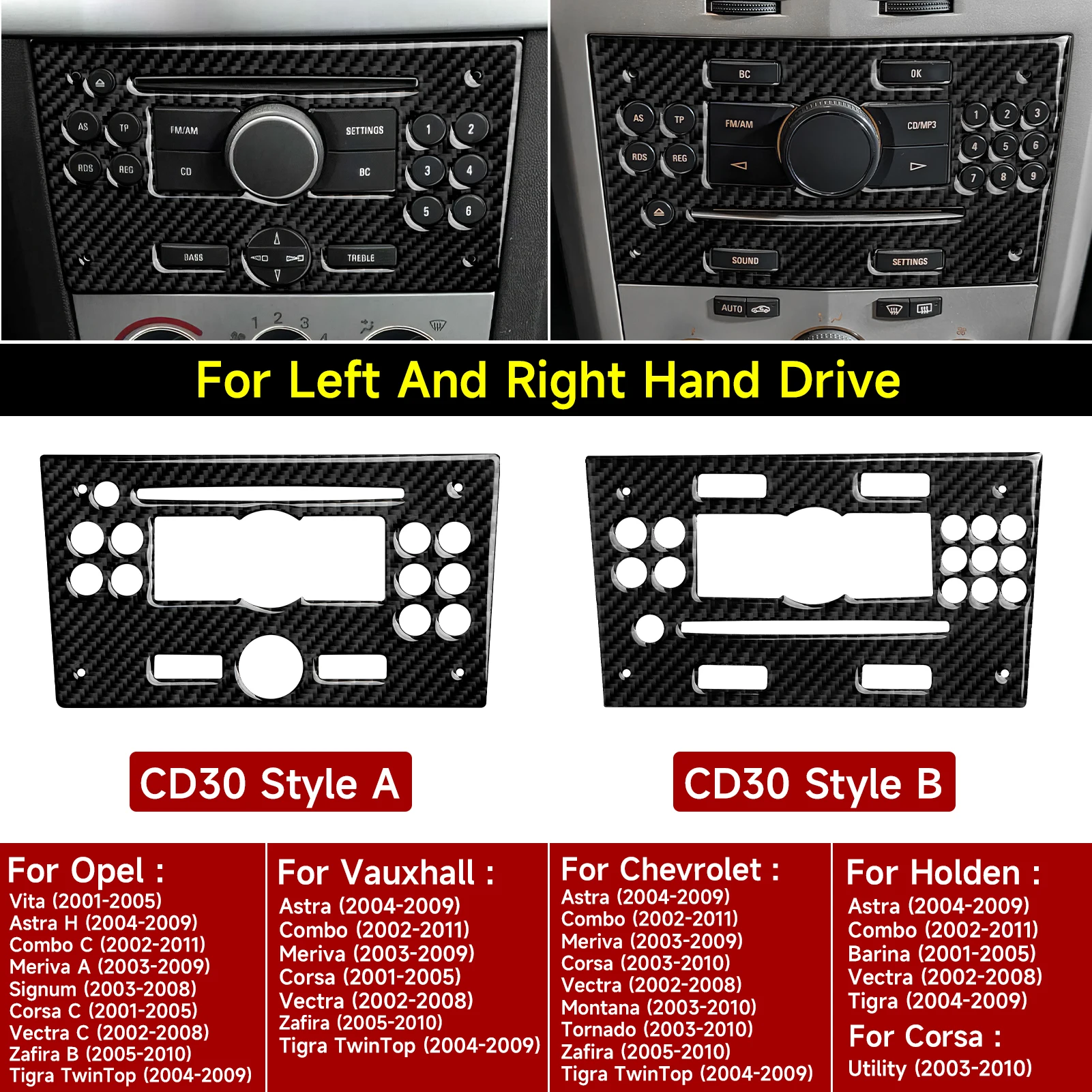 Painel de CD MP3 para Console Central de Carro. Adesivo de Fibra de Carbono. Para Opel Vita Astra Combo Meriva Signum Corsa Vectra Zafira Tigra TwinTop.