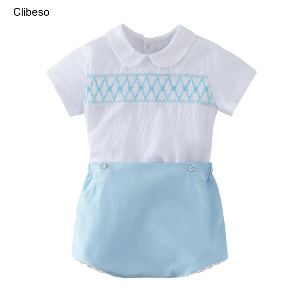 

2024 Clibeso Handmade Smocked Children's Tops + Bottoms Set for Boys Children Elegant Peter Pan Collar Shirt + Blue Bloomers