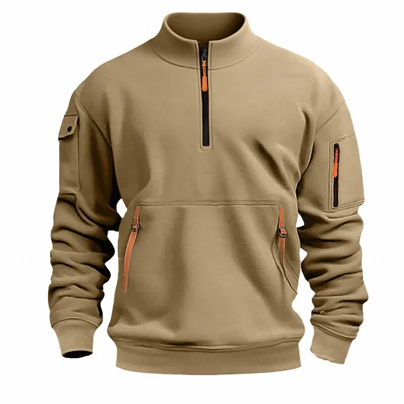 Men'S Winter Thickened And Fleece-Lined Stand-Up Collar Sweatshirt，Half-Zip, Multi-Pocket Athletic And Casual Sweatshirt！