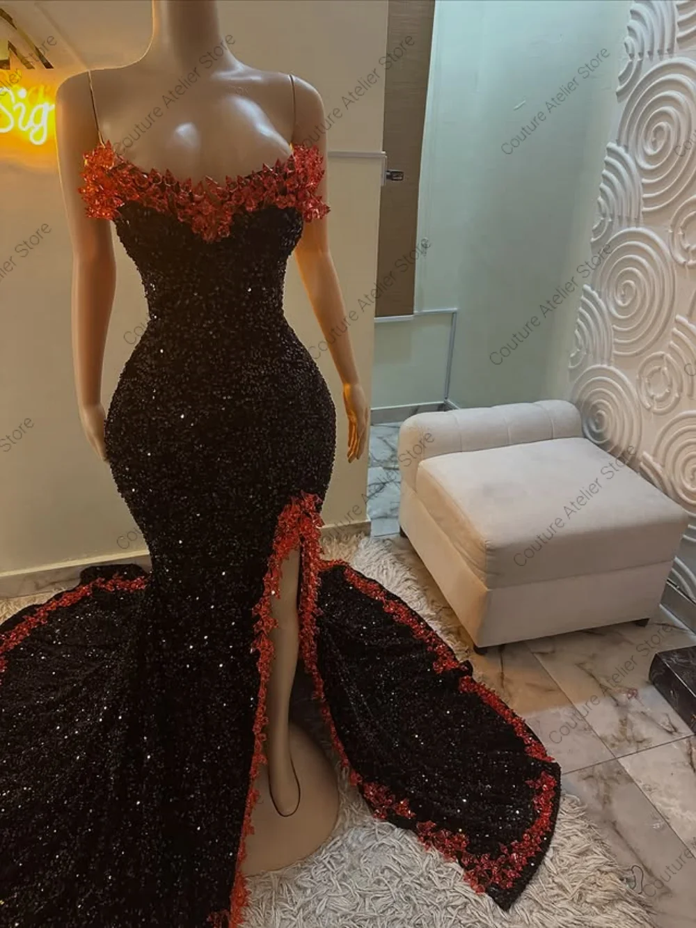 Pedras vermelhas dividir bola de formatura preto vestidos de baile preto menina sereia vestido de casamento africano sexy cocktail personalizado