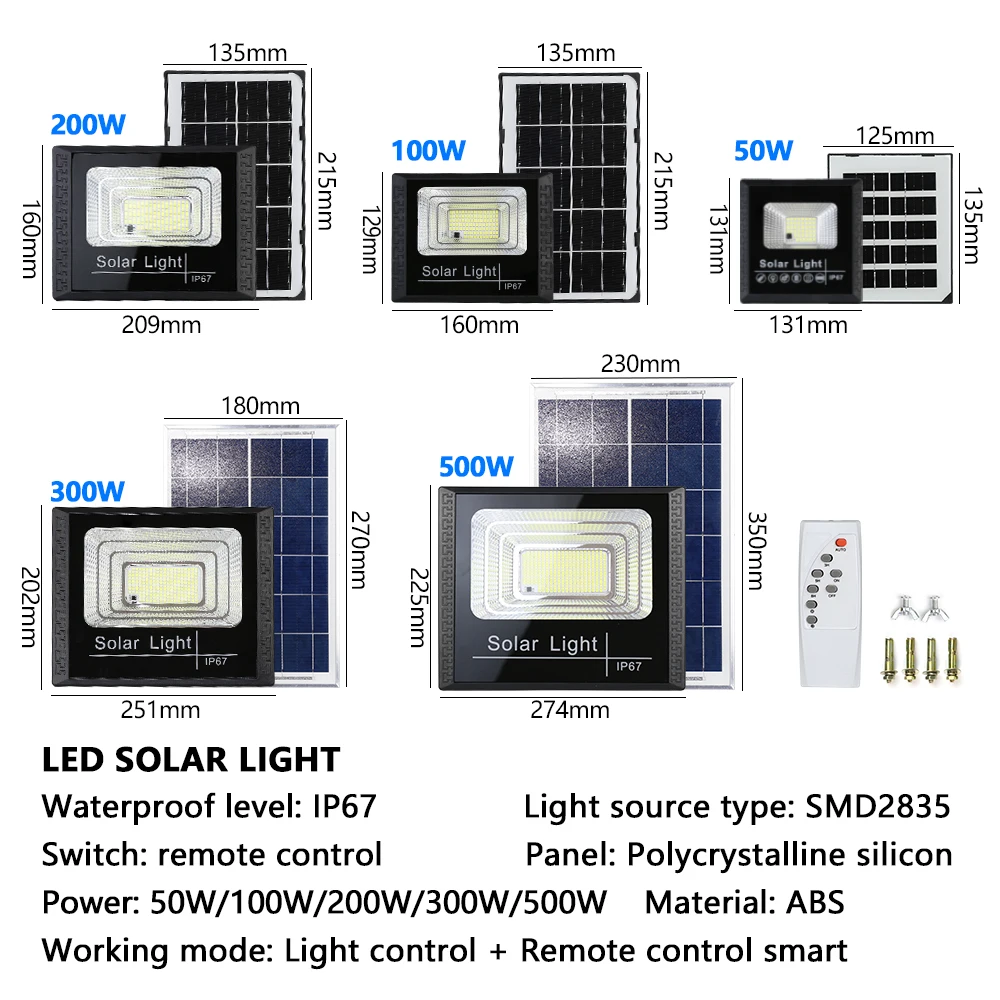 Imagem -03 - Luzes de Inundação Solares Led com Controle Remoto Refletor Solar ao ar Livre Holofotes para Jardim e Rua 50w 100w 200w 300w 500w