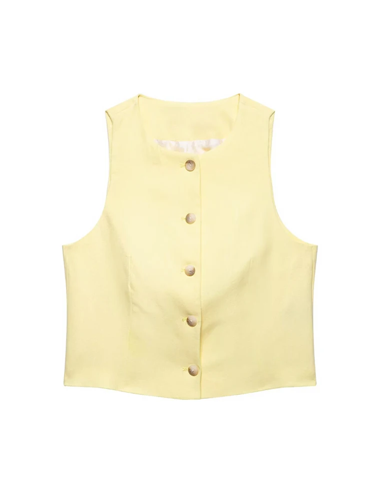 Moda feminina botão frontal mistura de linho colete e bermuda de cintura alta conjunto roupa feminina