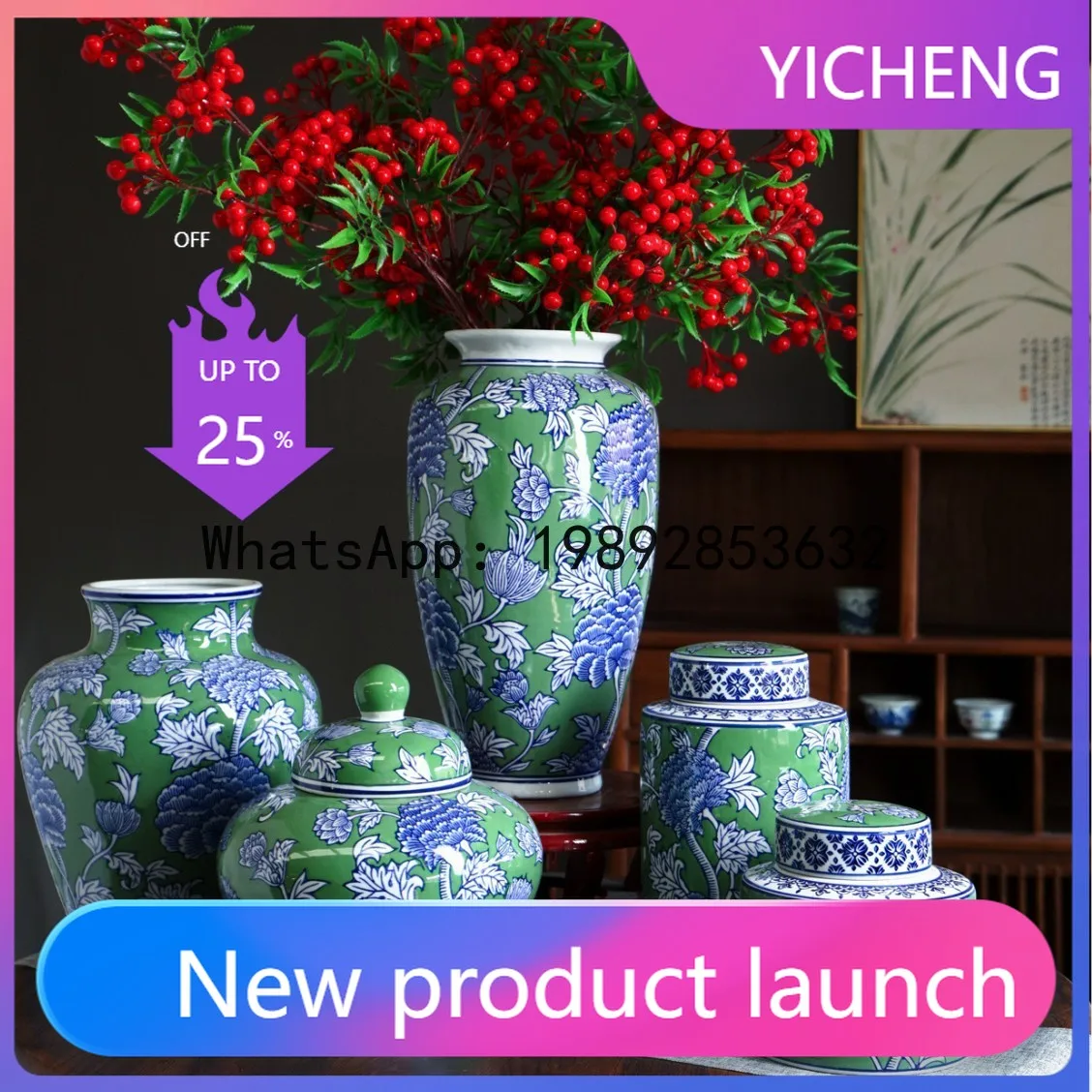 

Green ceramic vase blue and white porcelain vase classy sense of middle-aged ceramic entrance bogu shelf decorative ornaments