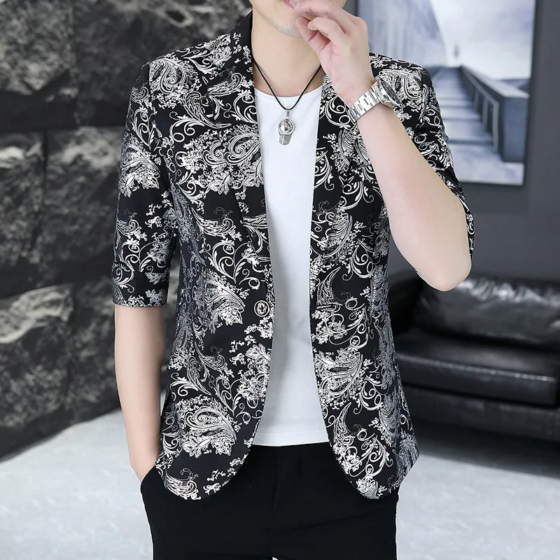 HOO 2024 Men's Casual Floral Print Mid-Length Sleeves blazer  Youth Fashion Leisure   blazer