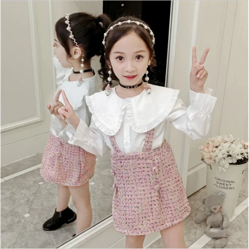 

New Girls' Autumn Outfit Long Sleeve Baby Girl Large Collar Shirt and Suspender Skirt Two-Piece Set Trendy