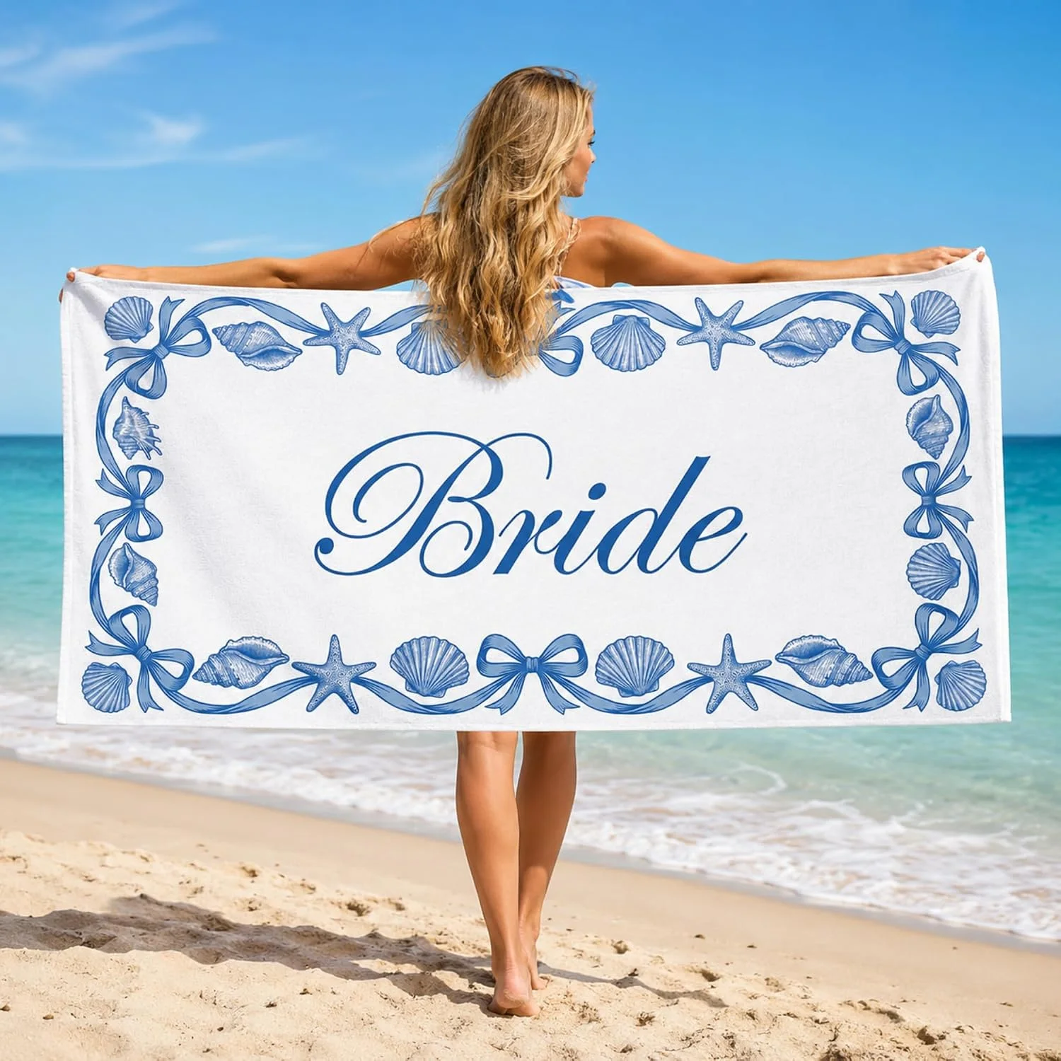 White Base Blue Seashell Starfish Bow Border Bride Text Super Absorbent Large Beach Towel Bachelorette Party Seaside Bath