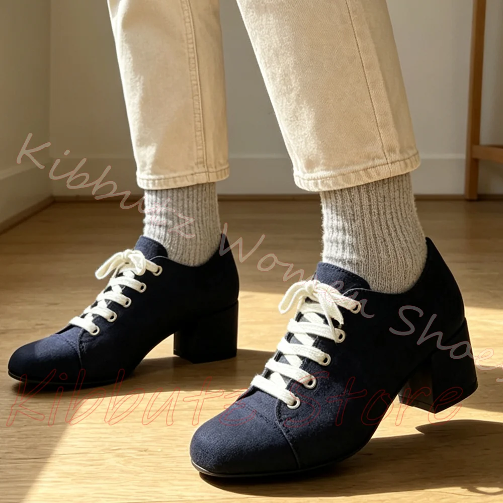 Ballet Pump Suede Lace-Up Solid Color Square Toe Chunky Heel Fashion Elegant Concise Sexy Novelty Luxury Women Party Dress Shoes