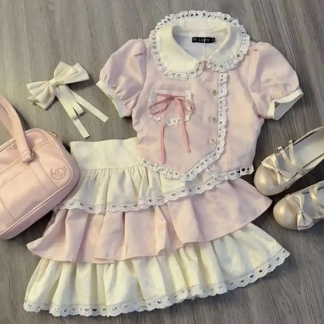 Retail New Teenage Clothing Lace Suits, Baby Girls Fashion Summer 2 Piece Sets, Top+ Skirts 4-12 T