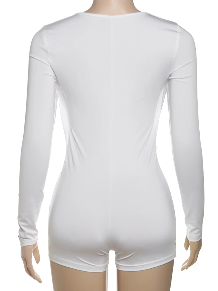 Sisterlinda Playsuits mit schwingendem Ausschnitt für Damen, einfarbig, mit Metalleinsatz, Ausschnitt, volle Ärmel, Stretch, sexy, schmal geschnitten, schick, trendige Clubwear – Detail 9