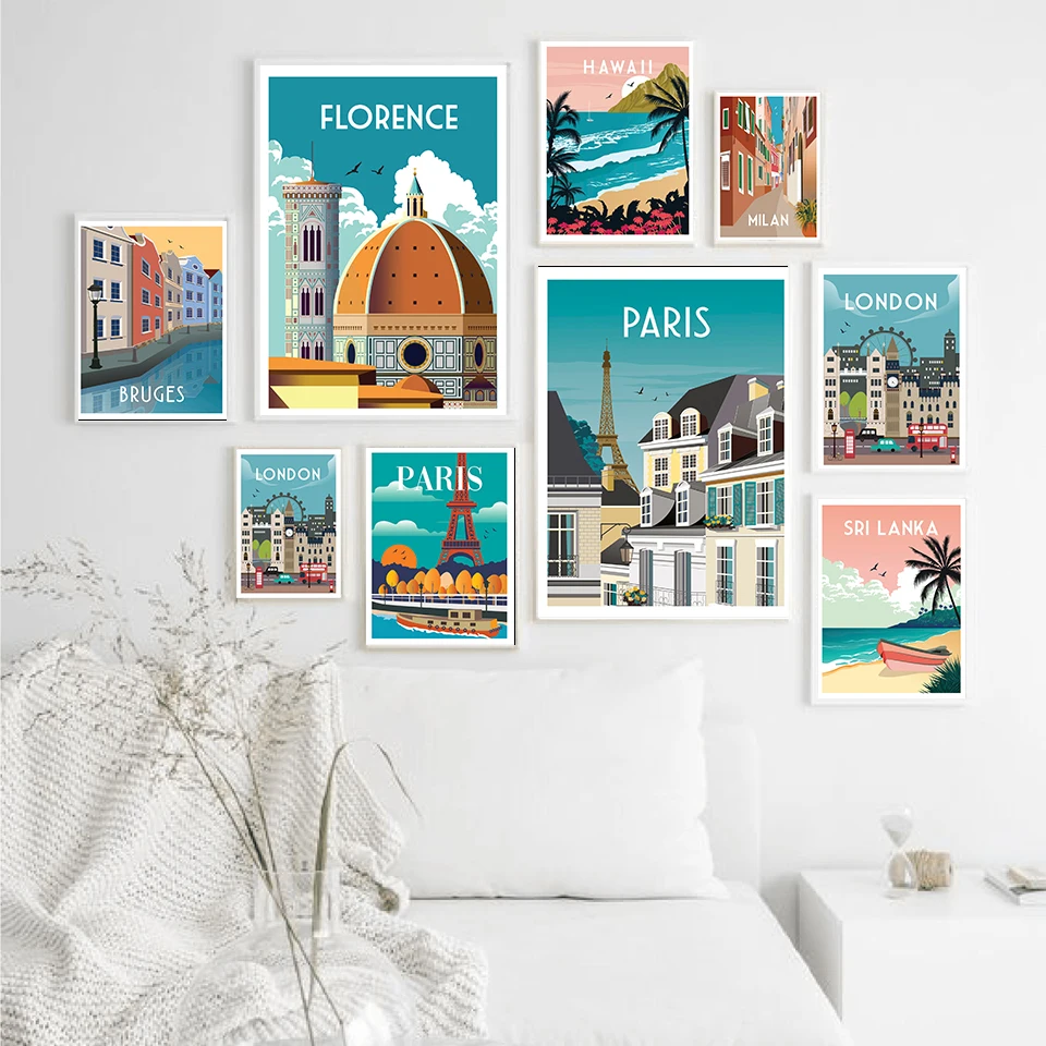 Modern Wall Art Travel City Scenery France Paris Florence Hawaii Milan Canvas Poster Print Home Bedroom Living Room Decoration