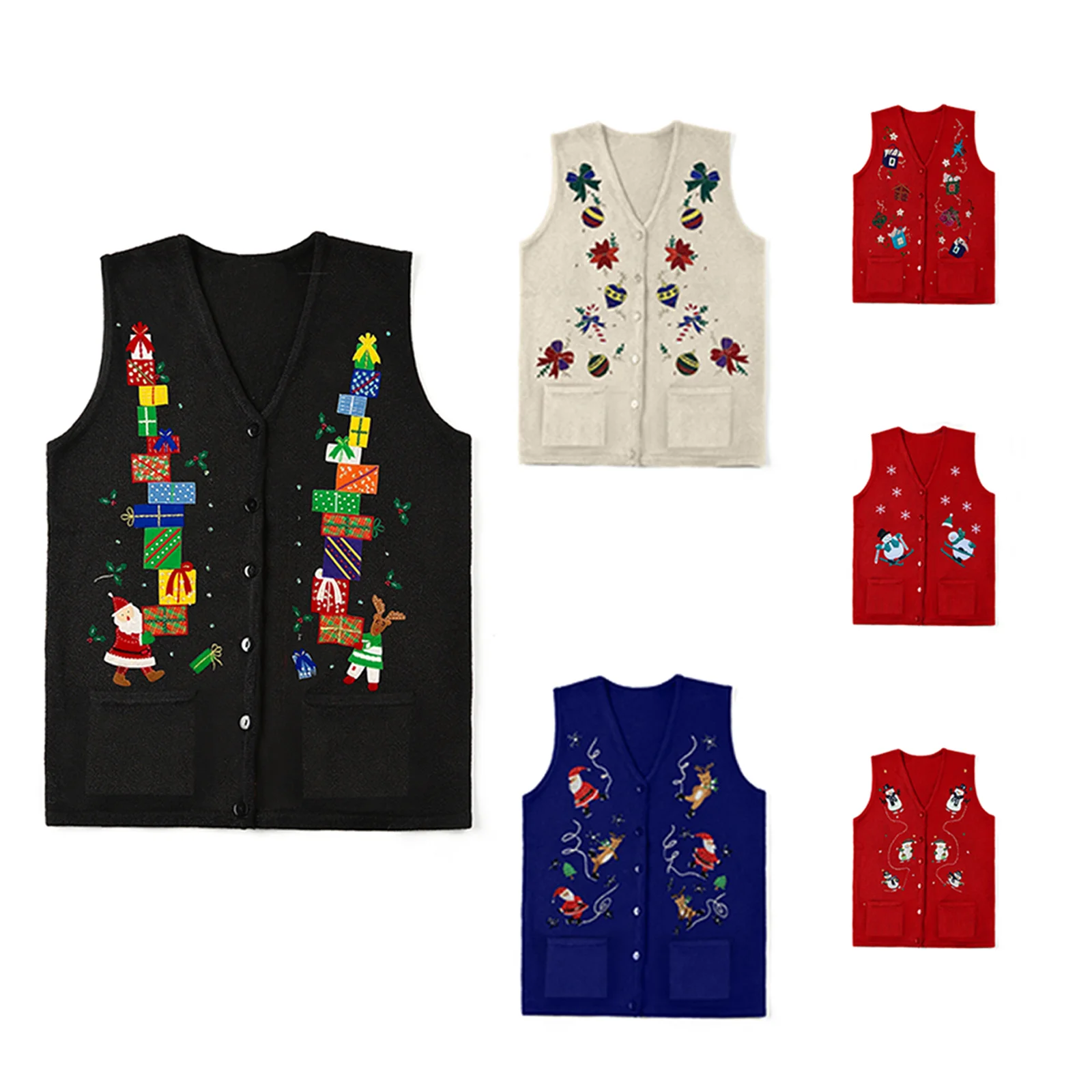 Combhasaki Women's Y2K Christmas Cartoon Embroidery Sleeveless Sweater Vest Button-down V Neck Knitwear Tank Tops with Pockets
