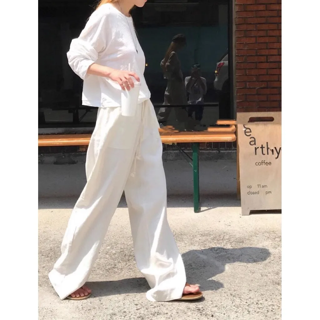 

Women's summer thin Japanese style lazy hanging casual straight leg mop pants linen wide leg pants