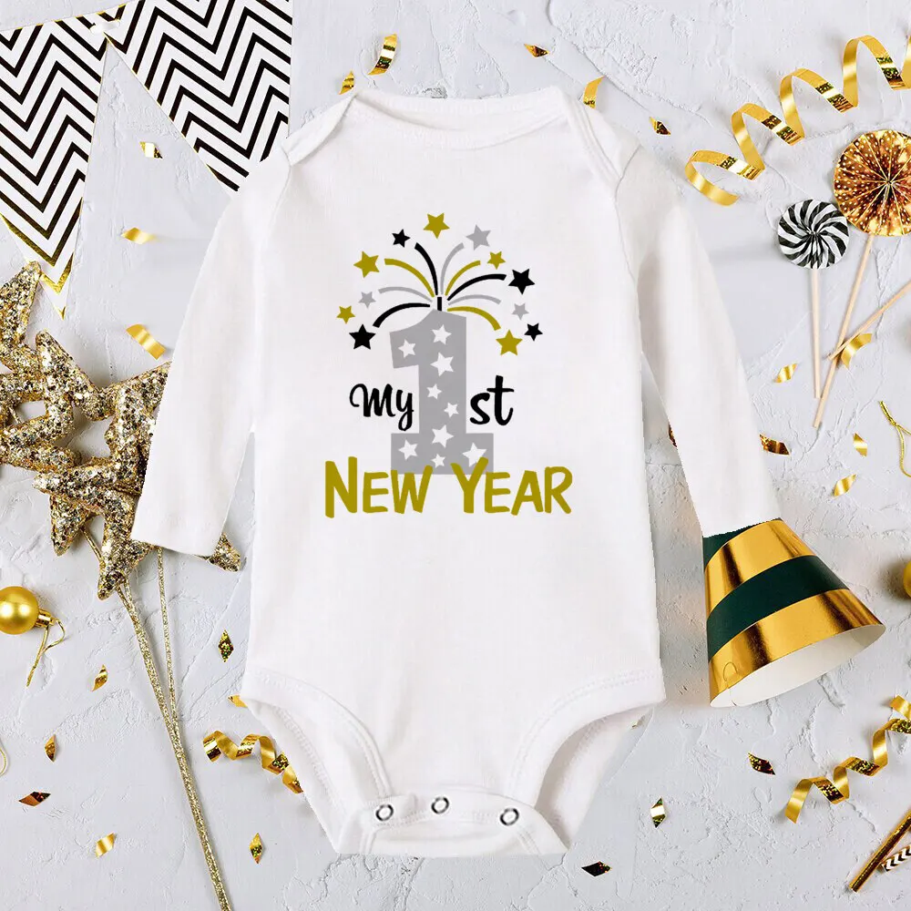 My 1st New Year Printed Baby Bodysuit Infant Romper New Year Toddler Long Sleeve Jumpsuit Boys Girls Clothes Newbron Shower Gfit