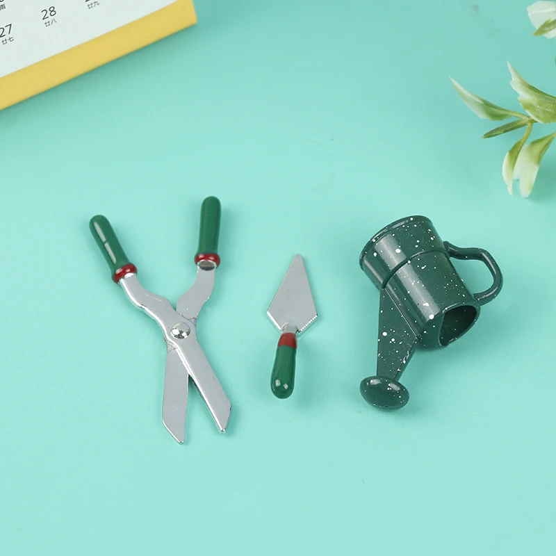 3Pcs/set Dollhouse Miniature Gardening Tools（Watering Can + Scissors + Shovel）mini Simulation Metal Doll House Decor Accessories