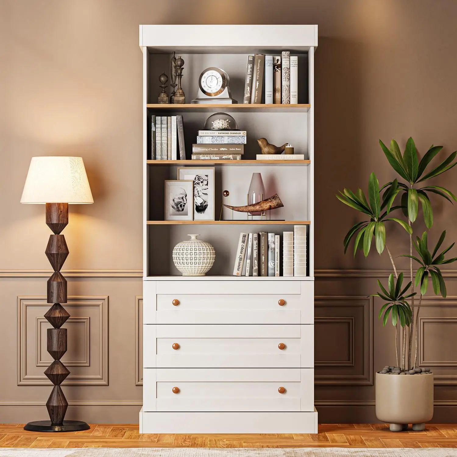 71" Tall Farmhouse Bookshelves with Drawers, Set of 3 – Large Modular Bookcase with Adjustable Shelves, Storage Cabinet for Livi