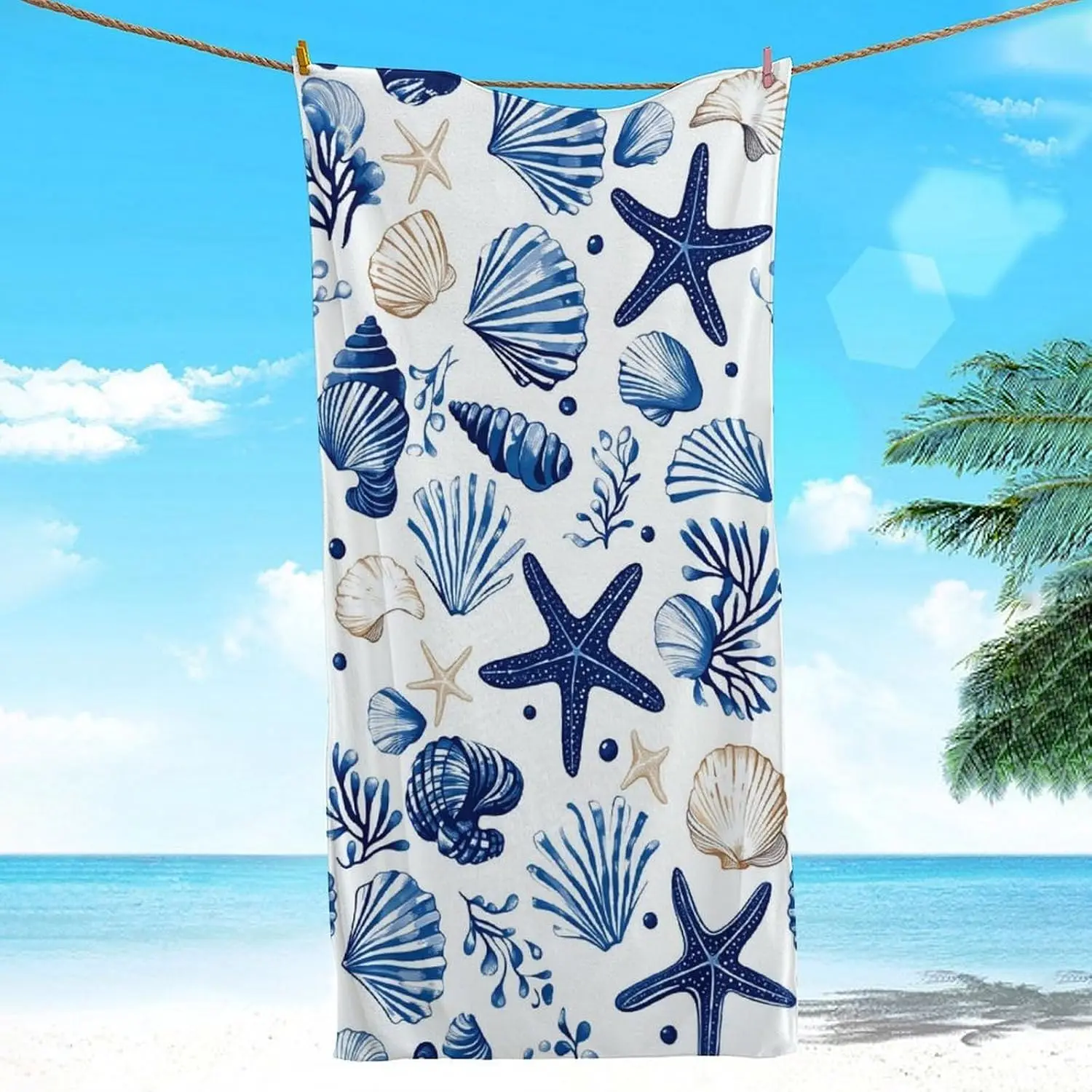 Chic Beach Towel Ocean Print Bathroom Linens Tropical Sea Life Decor Starfish Seashells Bathmat Spa Gift For Summer Vacation Hom
