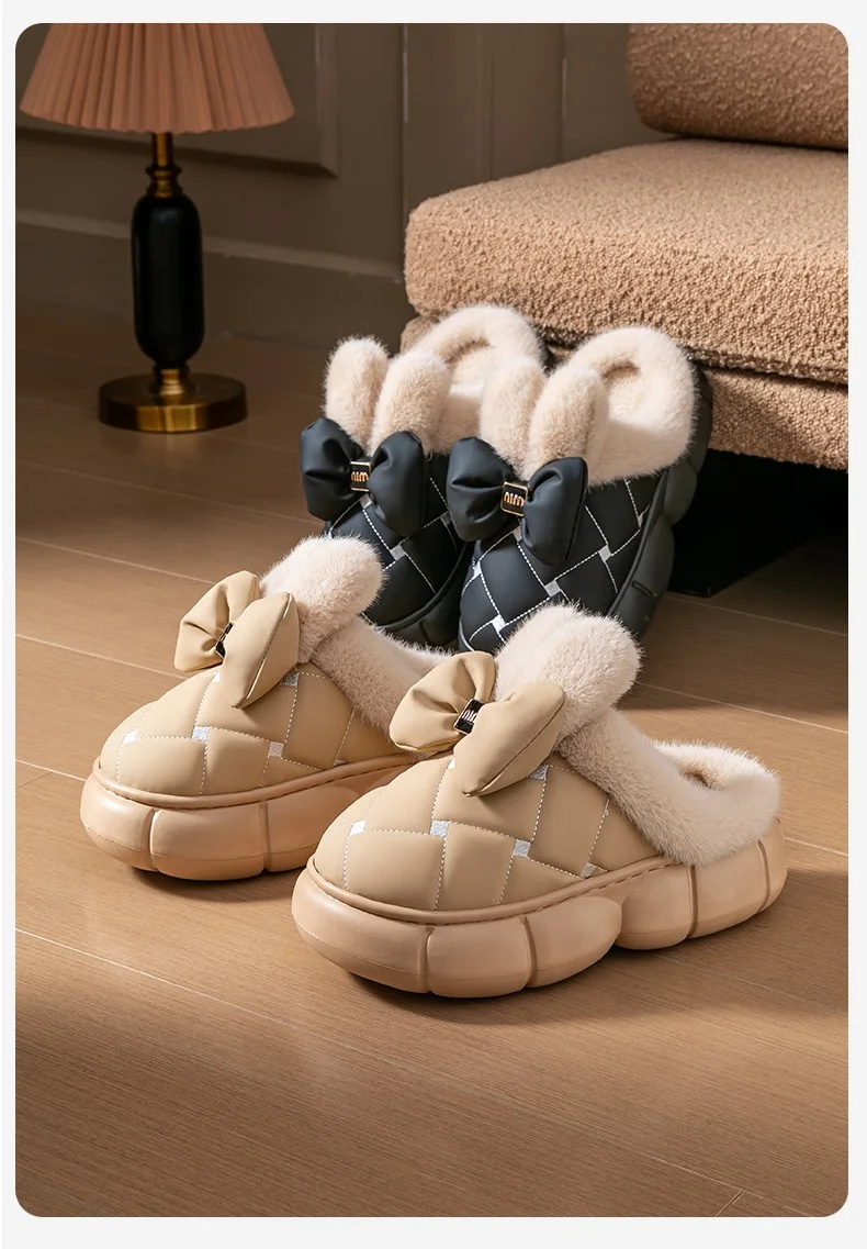 Winterliche, dicke Hausschuhe mit Plateausohle für Damen und Herren, 4 cm, weiche Sohle, flauschig, mit Schleife, warme Baumwollschuhe, rutschfest, für den Innenbereich, Freizeit- und Hausschuhe. – Detail 16