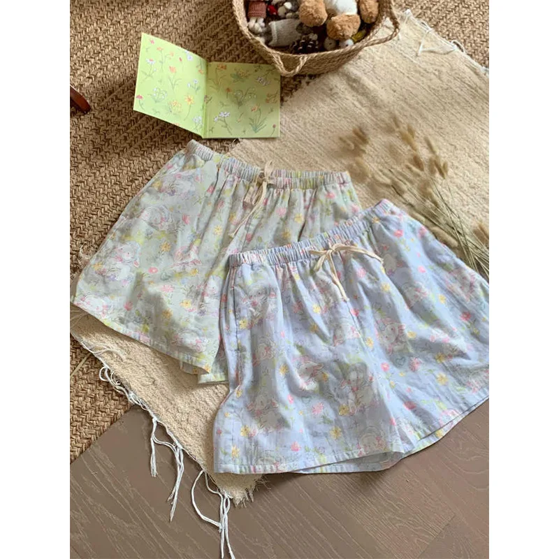 2026 Summer  Cotton Pajamas Shorts Printed Women's Loose Fitting Sleep Bottoms Elastic Waist Sleep Shorts Home Lounge Wear