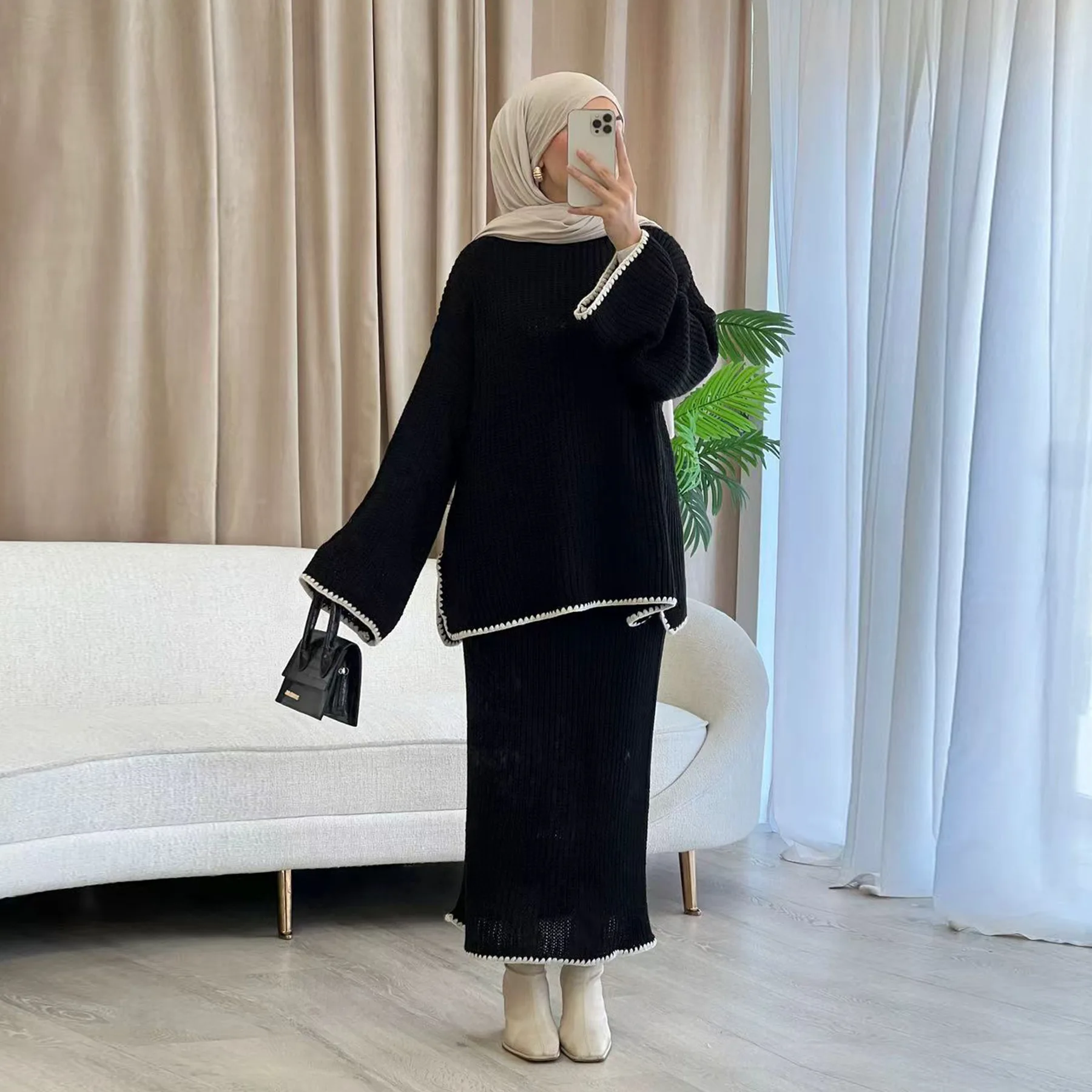 Eid Donna Gonna maglione lavorato a maglia Set da 2 pezzi Set musulmani Top e gonna lunga Ramadan Dubai Musulman Ensembles Abiti arabi marocco