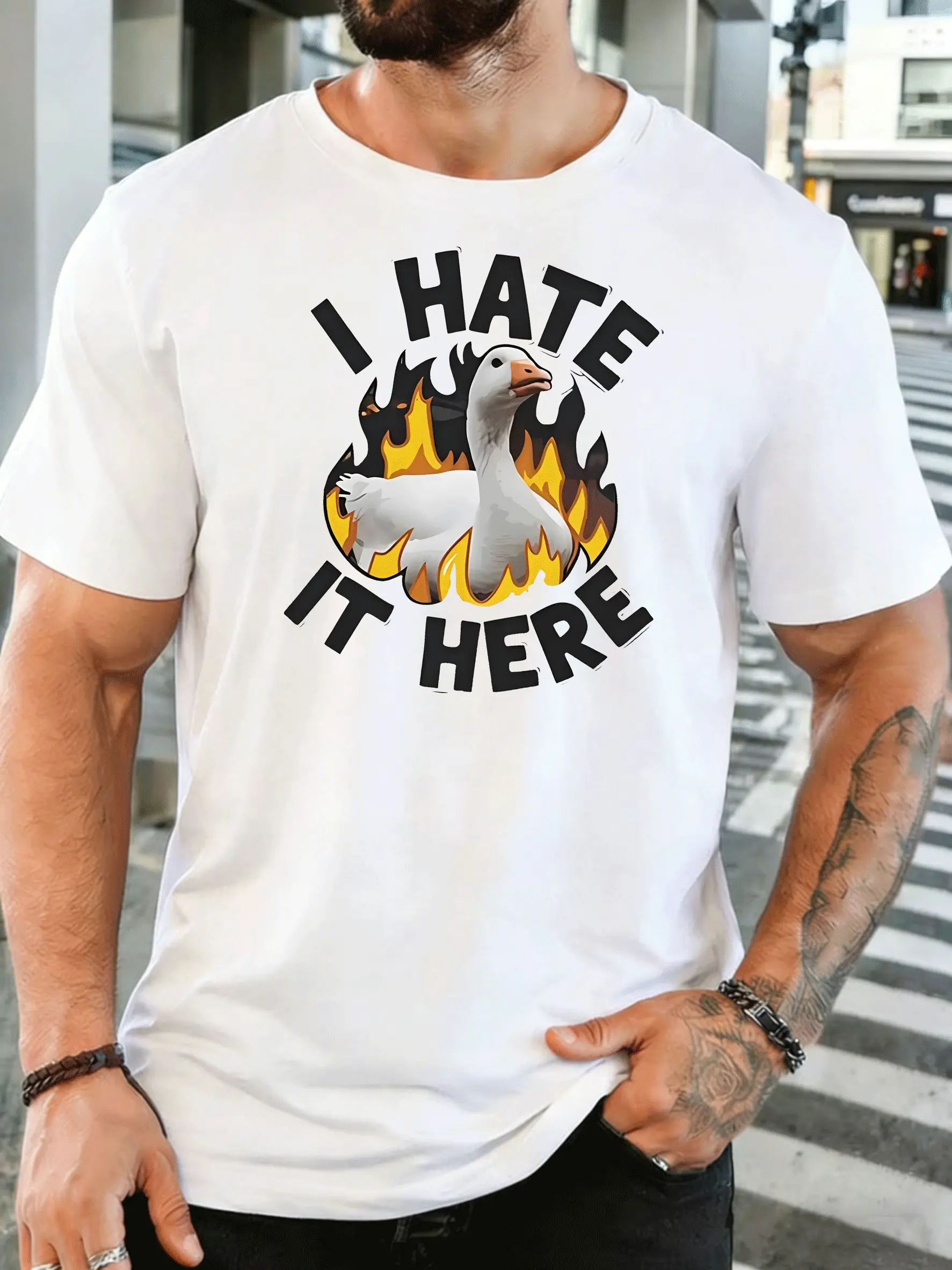 Funny Goose I Hate It Here Flame Mens Print T Shirt Sarcastic Meme Animal Graphic Tee Casual Short Sleeve Top Humor Lover Gift