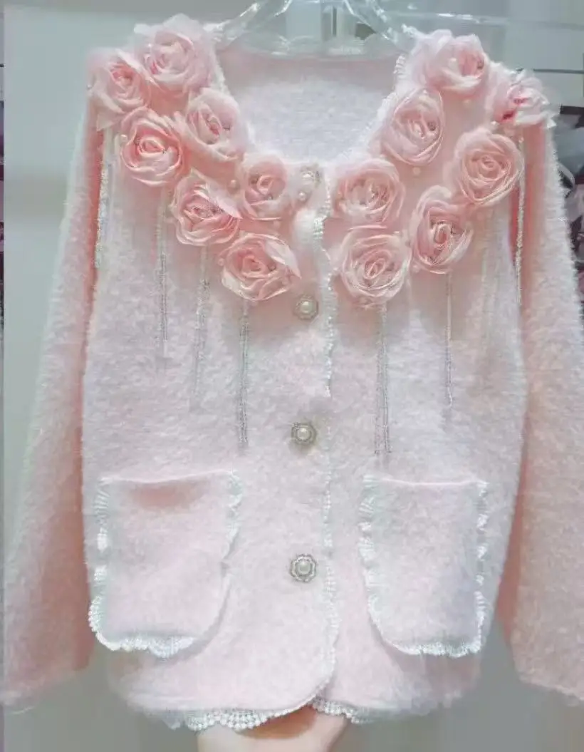 

New In Autumn Winter 3D Flowers Embroidery Diamonds Tassel Knitted Jacket Coat Women's Knitwear Cardigan Woman Clothing Sweaters