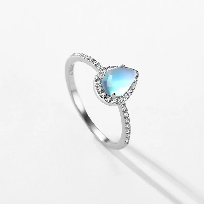 Modian-Requintado Gota de Água Moonstone Anel de Dedo para Mulheres, 925 Prata Esterlina, Brilhante, Clear CZ, Fine Jewelry, Presentes de Luxo