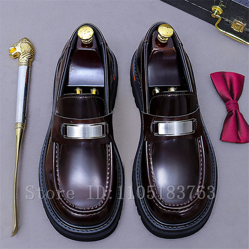 

Thick Soled Increased Height Men Leather Shoes Round Toe Meal Decor Slip On Loafers Luxury Cowhide Business Dress Shoes