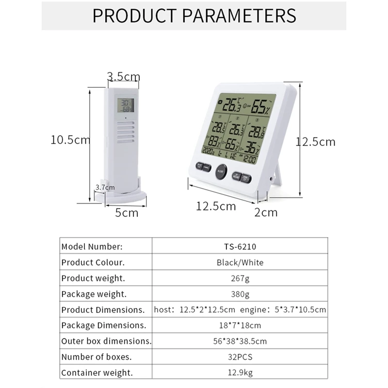 Digital Thermometer Hygrometer Indoor Outdoor Multi-Function Temperature Humidity With Wireless Sensor White