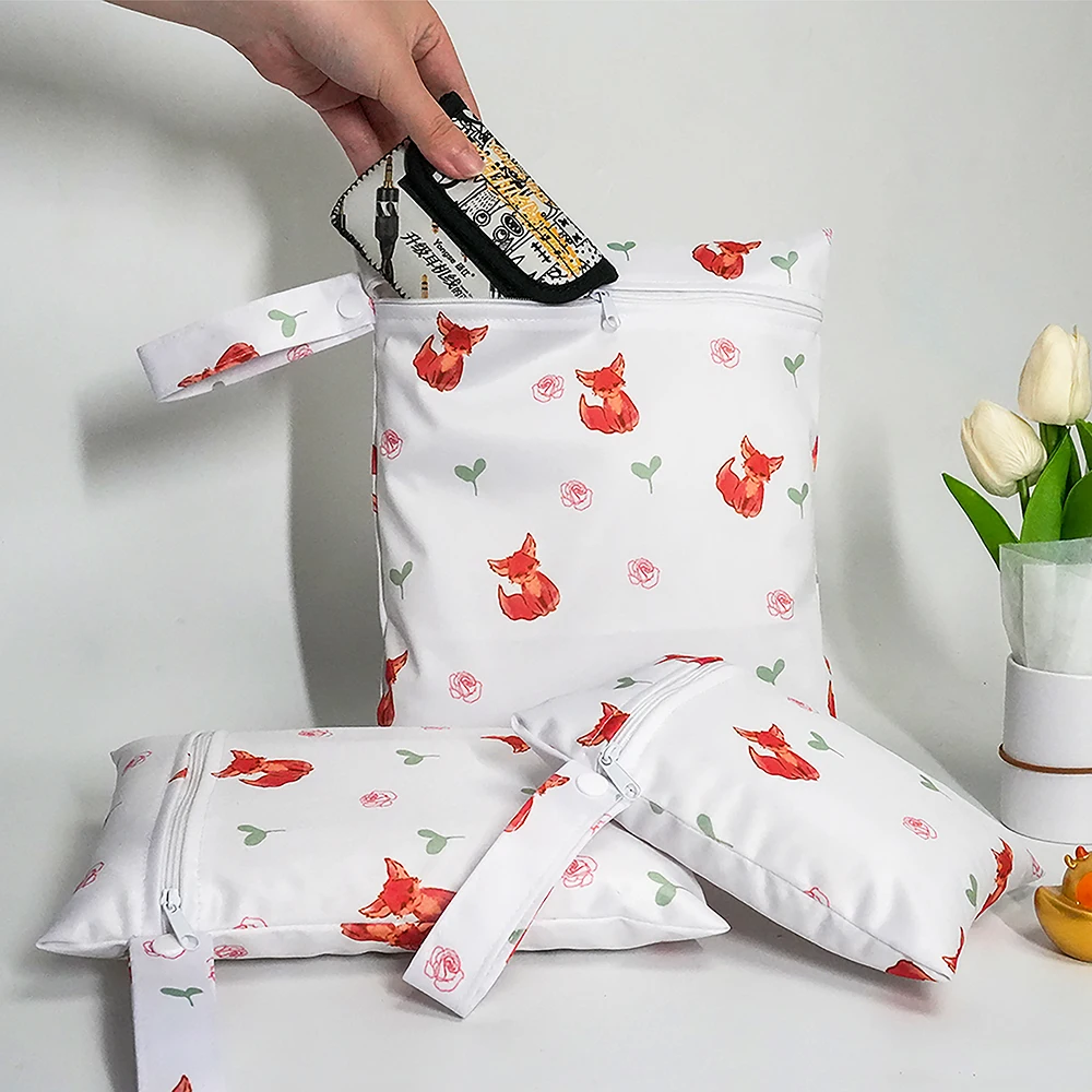 3pcs Waterproof Diaper Bags Bear Fox Rainbow Print Washable Menstrual Pouch Portable Handle Bags Swimsuits Wet Bag for Travel