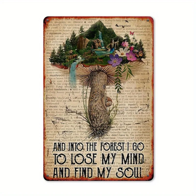 PUDRAW 2D Floral Mushroom Garden Metal Sign, Retro Wall Decor 8x12 Inch, Rustic Indoor Outdoor Home Art