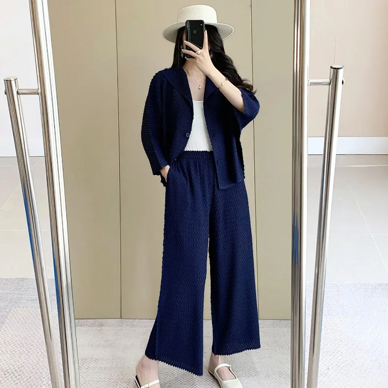 

Miyake Pleated Jacket 2026 New Long Sleeve Cardigan Top Non-iron Large Size Straight Pants 2-Piece Set Women's Casual Clothing