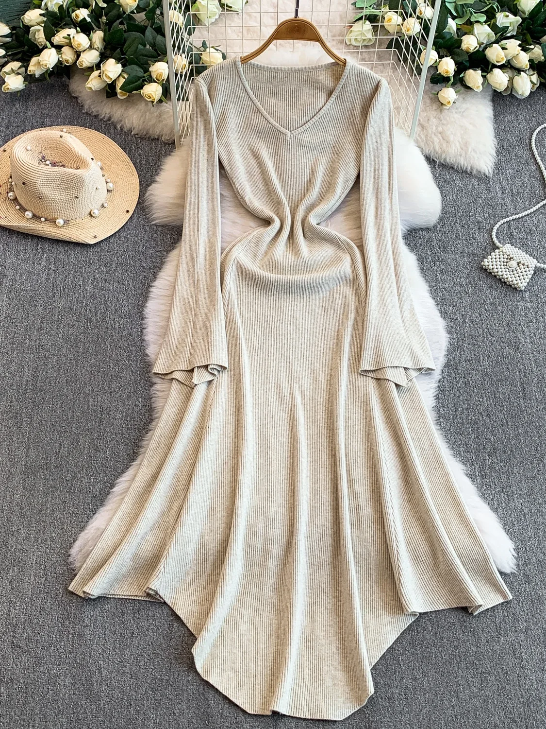 

Ele Knitted Long Dr Women's Autumn Winter High Waist A-Line Midi Dr Sexy V-Ne Bell Sve Inner Wear Asymmetrical