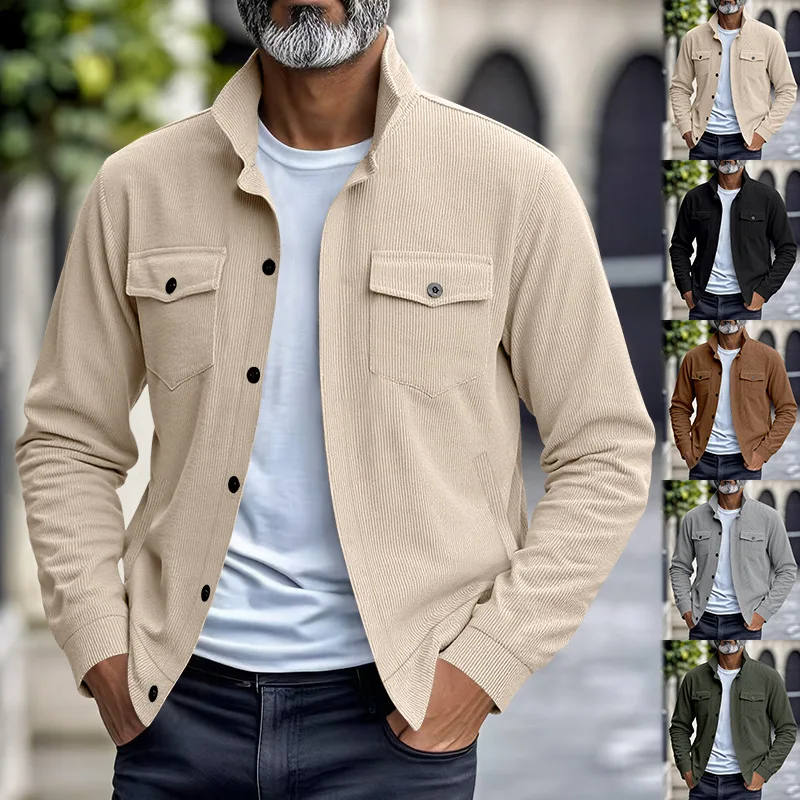 

Men's Corduroy Jacket Autumn Button Up Shirt Jacket Chest Pocket American Workwear Style Lapel Collar Casual Coat Retro Loose