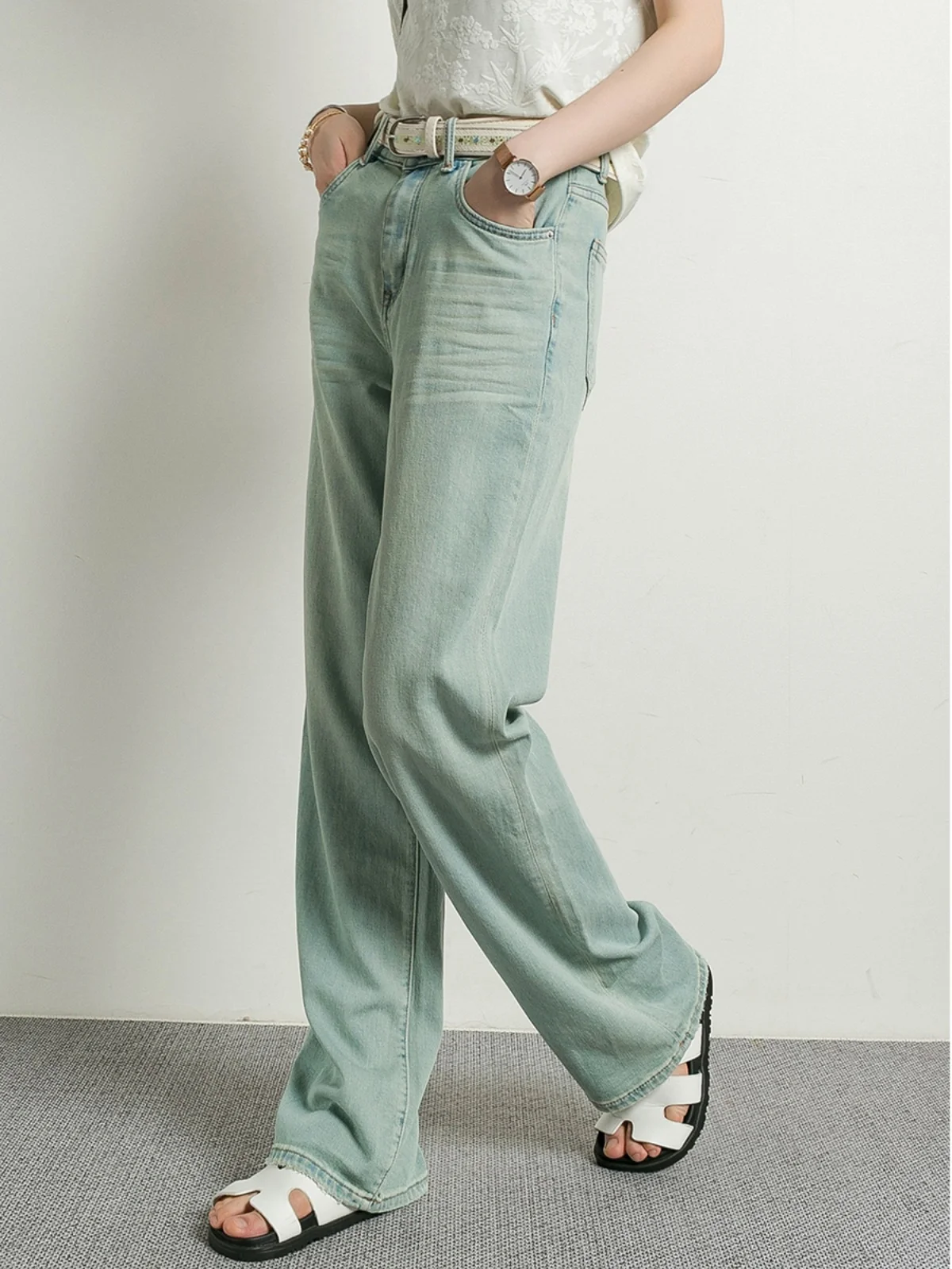 

Tide Pa High Waist Straight Leg Narrow Version Denim Jeans Women's Spring Autumn Misty Blue New Arrival Fashionable Ladies Jeans