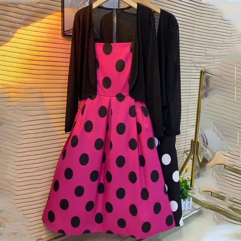 

Женское винтажное платье в горошек, черный кардиган на бретельках, Солнцезащитная рубашка, комплект из двух предметов, Корейский пиджак Y2k