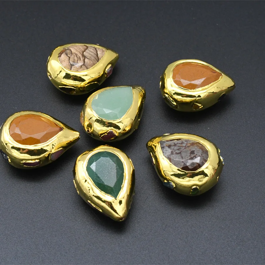 

20x26mm Natural Semi-precious Stone Flat Waterdrop Shape 18k Gold Plating Loose Beads For DIY Jewelry Making