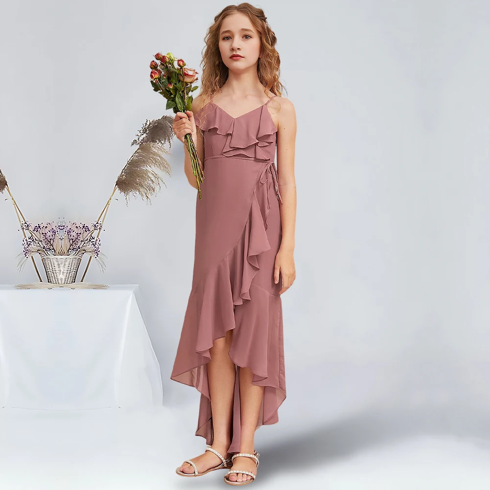 Sheath Column V-Neck Asymmetrical Chiffon Junior Bridesmaid Dresses Desert Rose Stunning Flower Girl Dresses Party Weddiing Kids