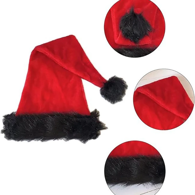 Gorro de Papá Noel de terciopelo para adultos, gorro cómodo, gorro de Papá Noel de Navidad de felpa rojo y negro para regalos de Año Nuevo