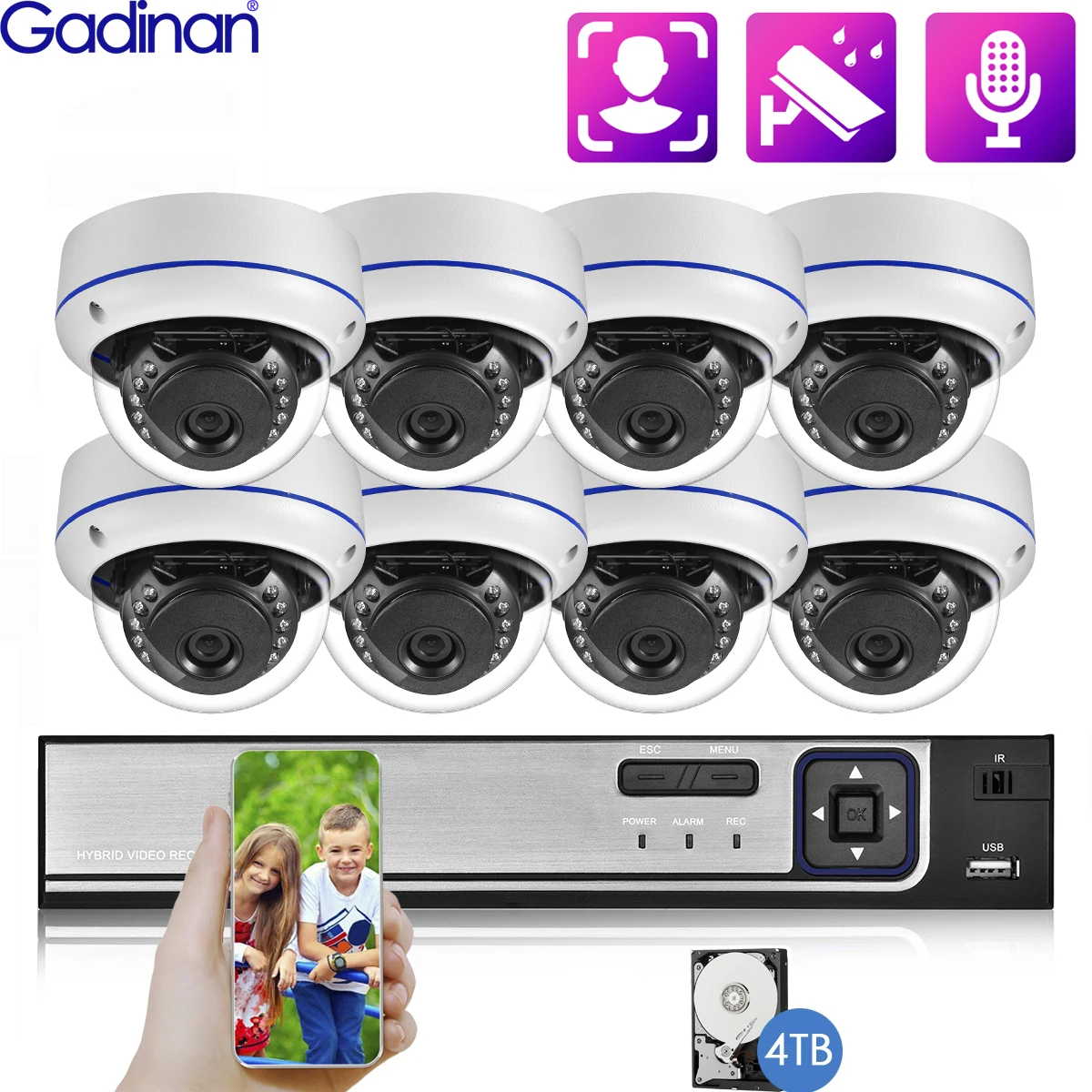 Gadinan-Caméra de surveillance extérieure IP PoE HD 8MP/48V, 4K, système de vidéosurveillance, avec enregistreur audio et kit NVR, avec poignées et visage humain