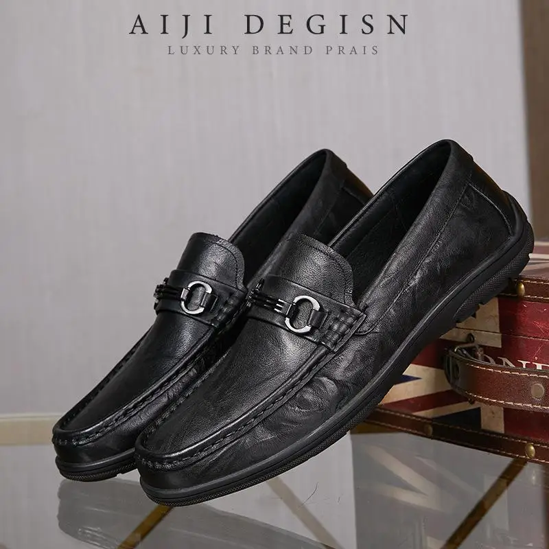 

Retro All Genuine Leather Men's Shoes Casual Cowhide Shoes Black Le Fu for Walking and Driving Men's Leather