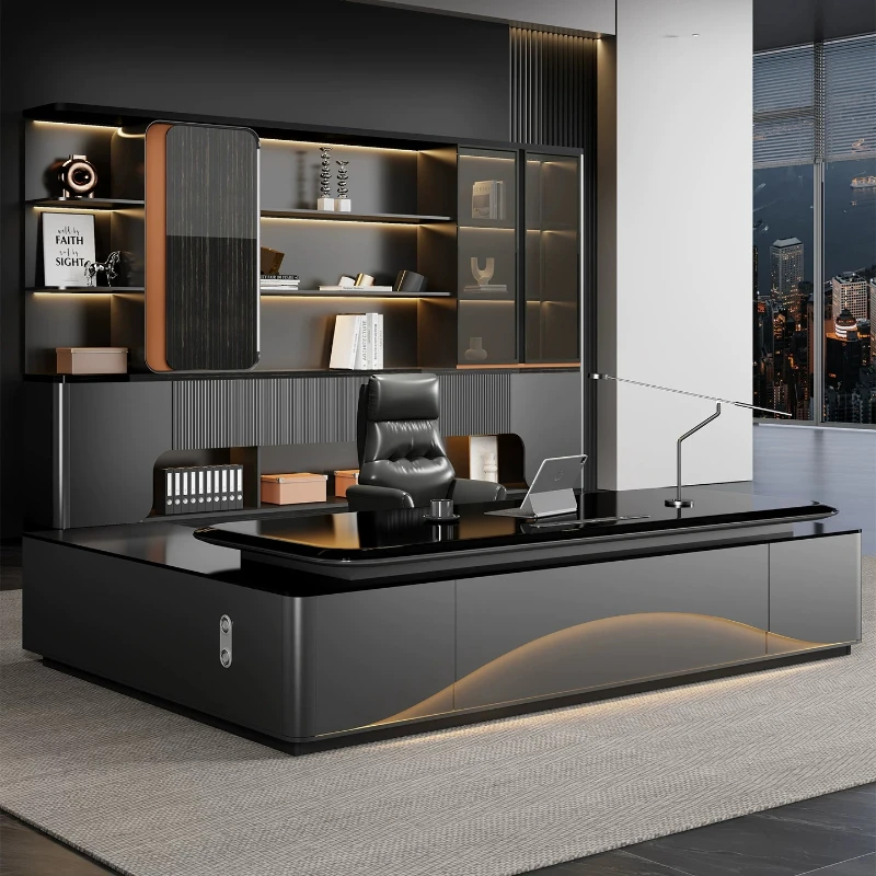 High-end Executive Desk with LED Strip Ambient Lighting L Shape Chairman Boss Table General Manager Office Computer Furniture