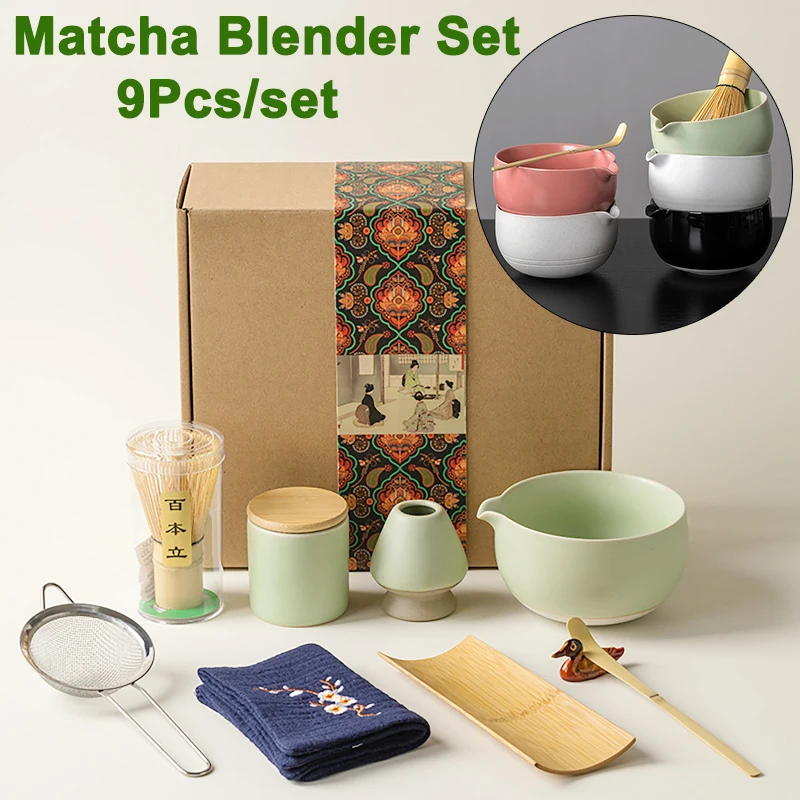 

9PCS Japanese Matcha Tea Set Matcha Whisk Set Ceramic Bowl Teaspoon Whisk Holder Spoon Holder Tea Sieve Tea Making Tools Gifts