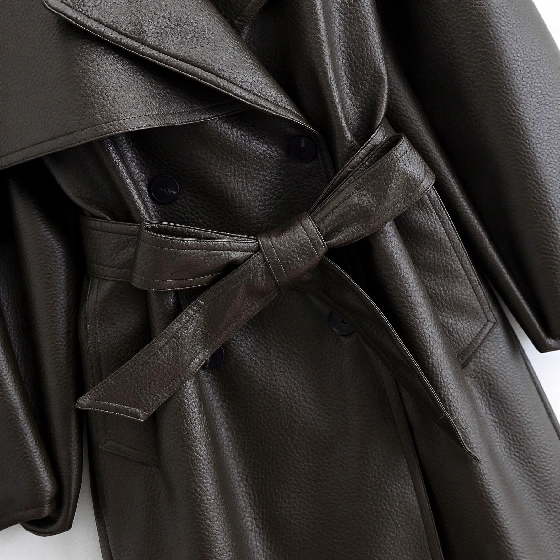 KIDCRKJ Frauen Frühling Elegante Pu Leder Lange Jacke Zweireiher V-ausschnitt Spitze Up Solide Jacken Dame 2026 Chic Weibliche Outwears