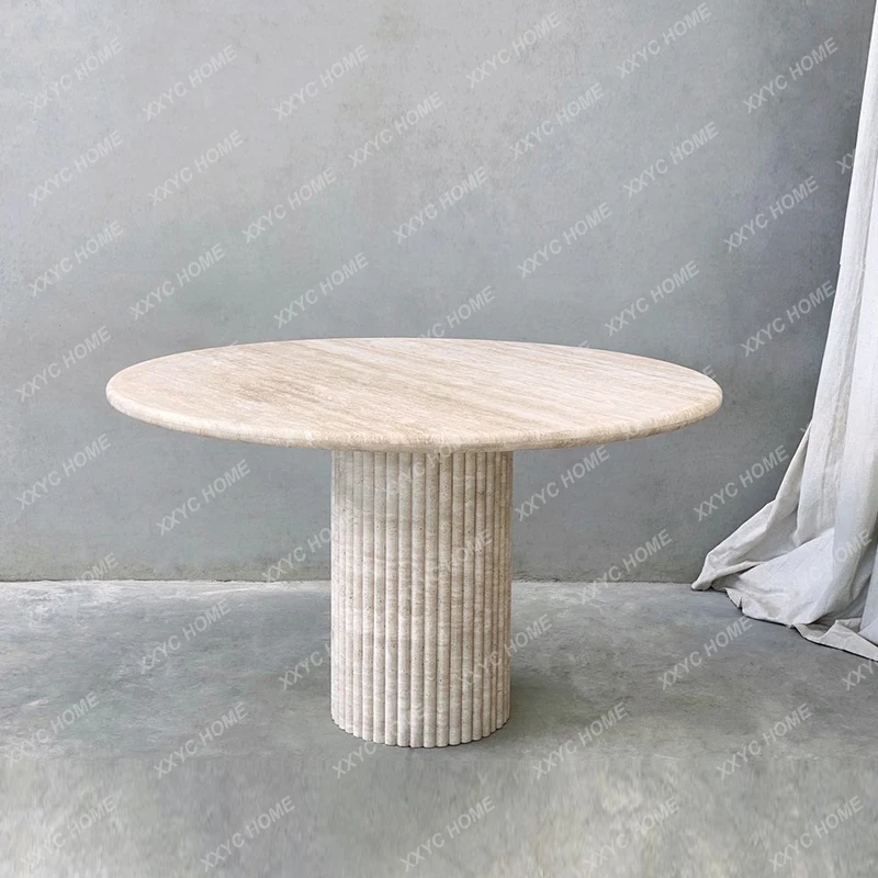 

Italian style natural travertine table hotel homestay light luxury round table restaurant dining table marble