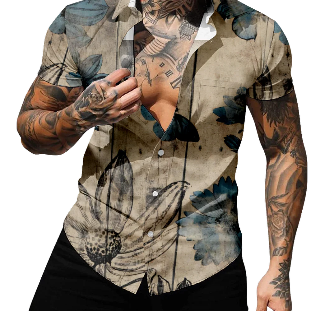 Hot sale custom Butterfly printed US Plus Size Men's Short Sleeves Casual RTS button up Vintage Fabric Summer shirts